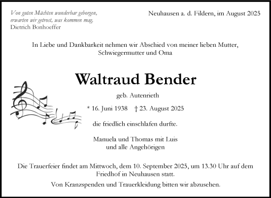 Traueranzeige von Waltraud Bender von Stuttgarter Zeitung / Stuttgarter Nachrichten