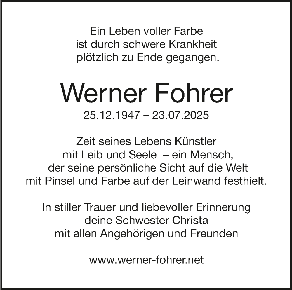  Traueranzeige für Werner Fohrer vom 02.08.2025 aus Stuttgarter Zeitung / Stuttgarter Nachrichten