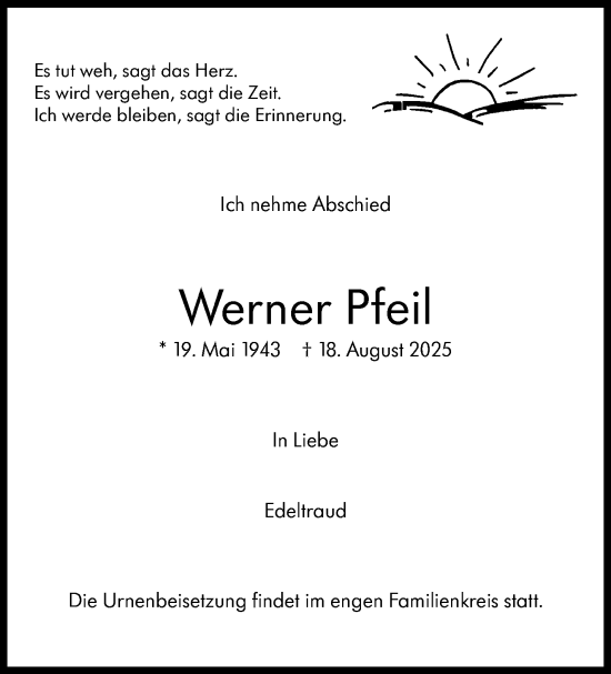 Traueranzeige von Werner Pfeil von Stuttgarter Zeitung / Stuttgarter Nachrichten