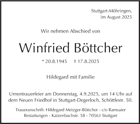 Traueranzeige von Winfried Böttcher von Stuttgarter Zeitung / Stuttgarter Nachrichten