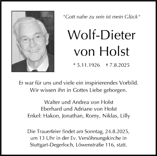 Traueranzeige von Wolf-Dieter von Holst von Stuttgarter Zeitung / Stuttgarter Nachrichten