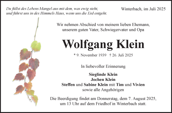 Traueranzeige von Wolfgang Klein von Stuttgarter Zeitung / Stuttgarter Nachrichten