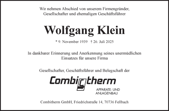 Traueranzeige von Wolfgang Klein von Stuttgarter Zeitung / Stuttgarter Nachrichten