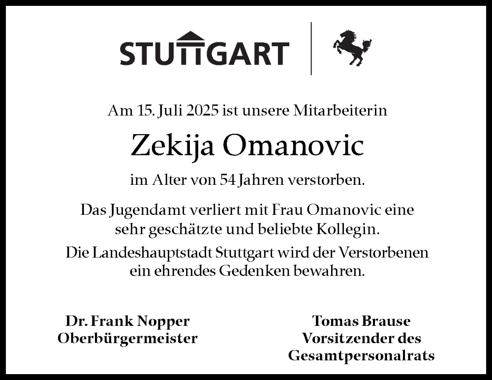  Traueranzeige für Zekija Omanovic vom 18.08.2025 aus Stuttgarter Zeitung / Stuttgarter Nachrichten