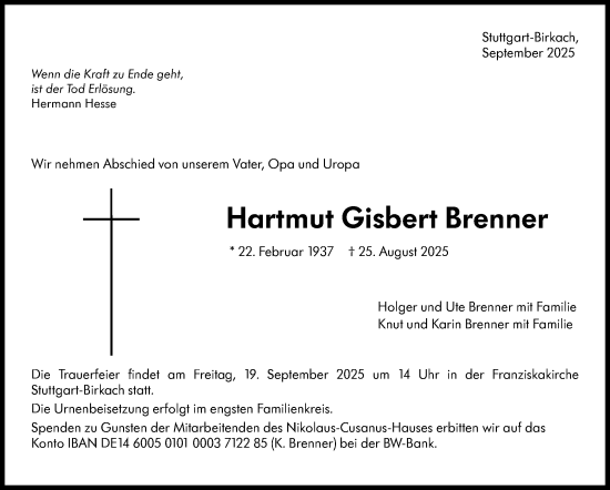 Traueranzeige von Hartmut Gisbert Brenner 