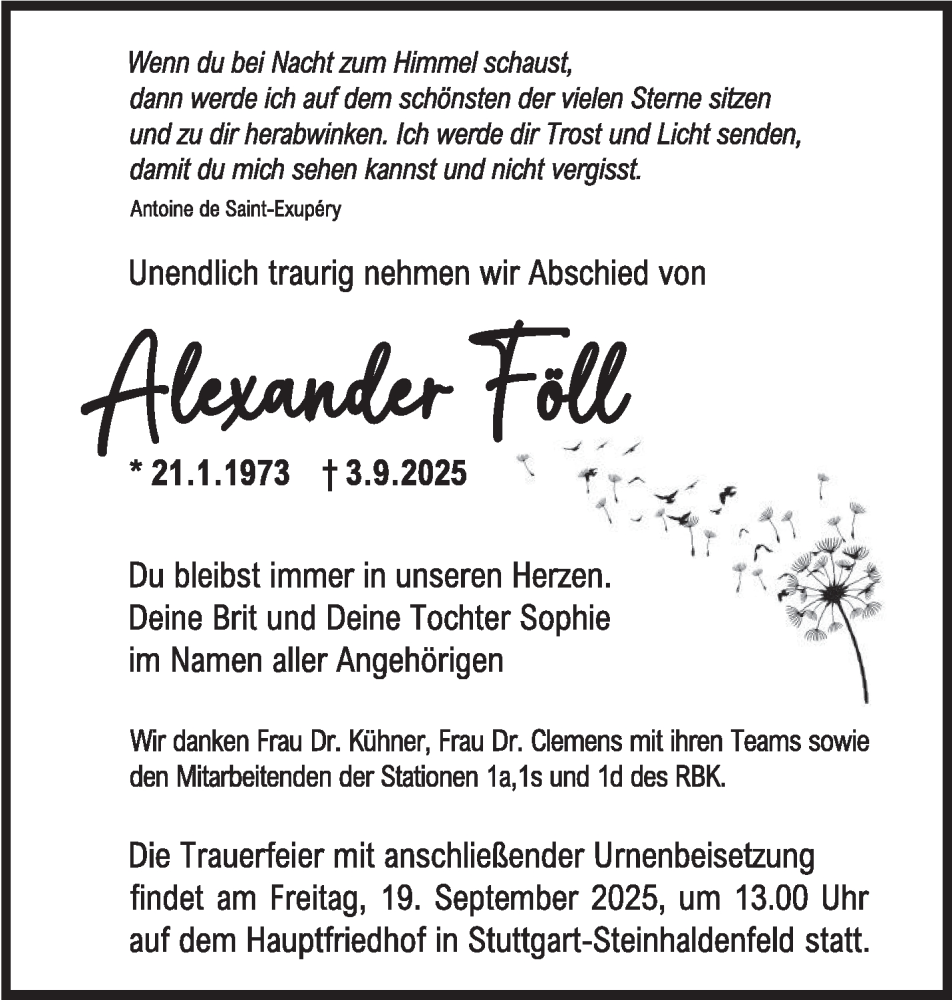  Traueranzeige für Alexander Föll vom 13.09.2025 aus Stuttgarter Zeitung / Stuttgarter Nachrichten