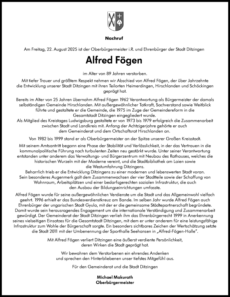  Traueranzeige für Alfred Fögen vom 04.09.2025 aus Stuttgarter Zeitung / Stuttgarter Nachrichten