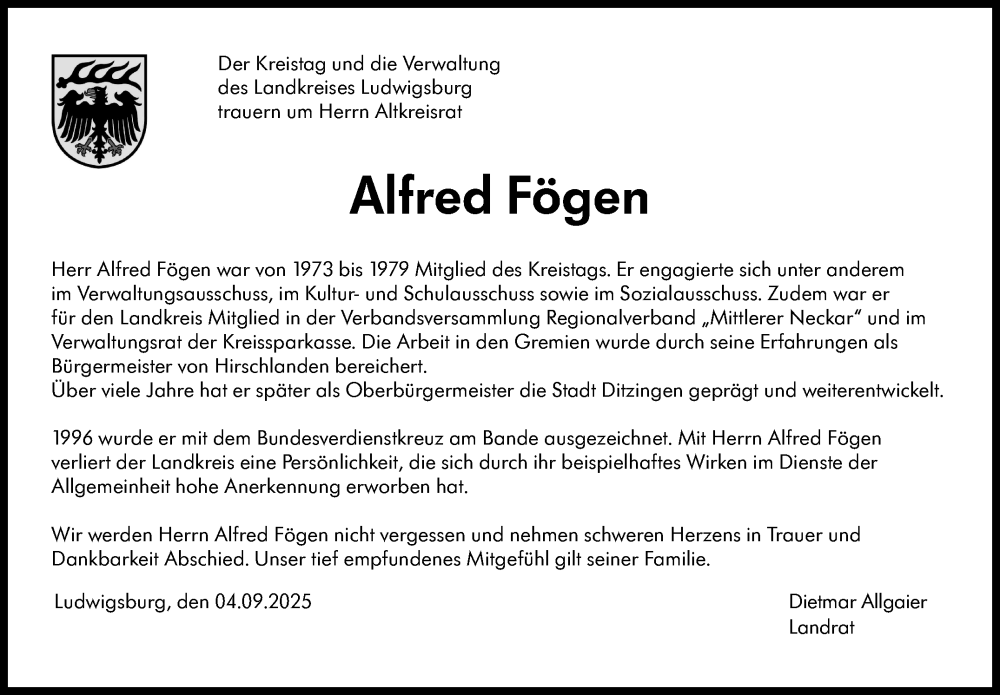 Traueranzeige für Alfred Fögen vom 04.09.2025 aus Stuttgarter Zeitung / Stuttgarter Nachrichten