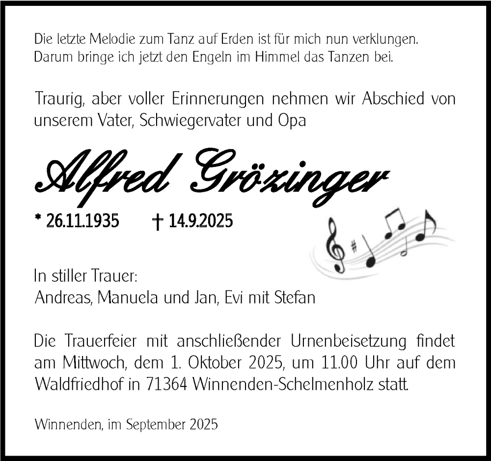  Traueranzeige für Alfred Grözinger vom 25.09.2025 aus Stuttgarter Zeitung / Stuttgarter Nachrichten