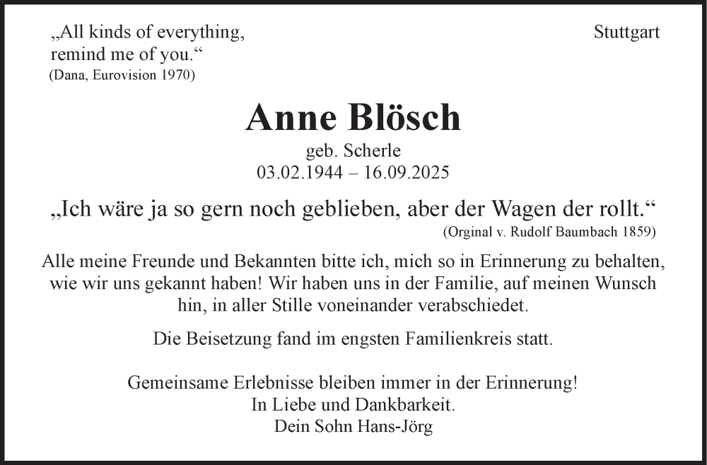  Traueranzeige für Anne Blösch vom 25.09.2025 aus Stuttgarter Zeitung / Stuttgarter Nachrichten