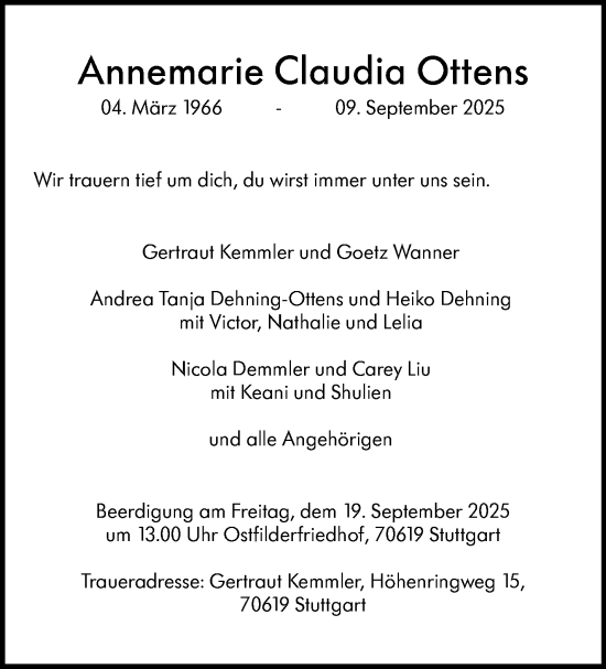 Traueranzeige von Annemarie Claudia Ottens von Stuttgarter Zeitung / Stuttgarter Nachrichten