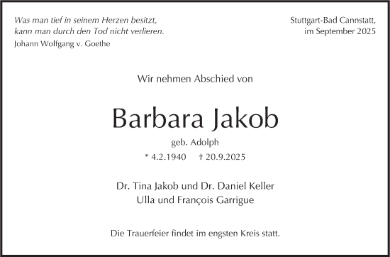 Traueranzeige von Barbara Jakob von Stuttgarter Zeitung / Stuttgarter Nachrichten