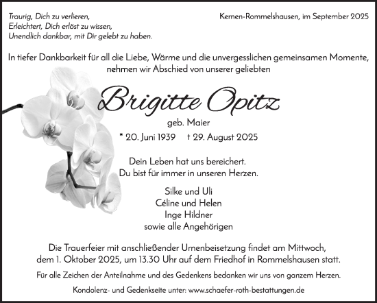 Traueranzeige von Brigitte Opitz von Stuttgarter Zeitung / Stuttgarter Nachrichten