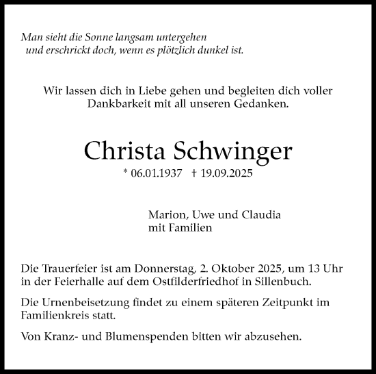 Traueranzeige von Christa Schwinger von Stuttgarter Zeitung / Stuttgarter Nachrichten