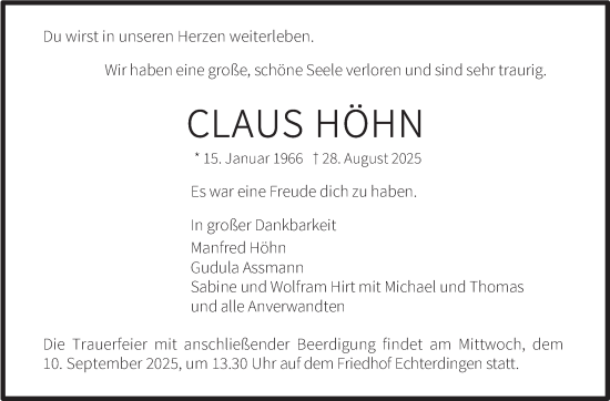 Traueranzeige von Claus Höhn von Stuttgarter Zeitung / Stuttgarter Nachrichten