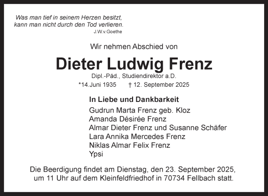 Traueranzeige von Dieter Ludwig Frenz von Stuttgarter Zeitung / Stuttgarter Nachrichten