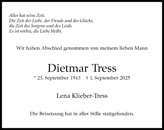 Traueranzeige von Dietmar Tress von Stuttgarter Zeitung / Stuttgarter Nachrichten