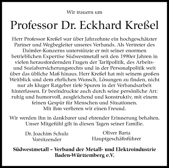 Traueranzeige von Eckhard Kreßel von Stuttgarter Zeitung / Stuttgarter Nachrichten
