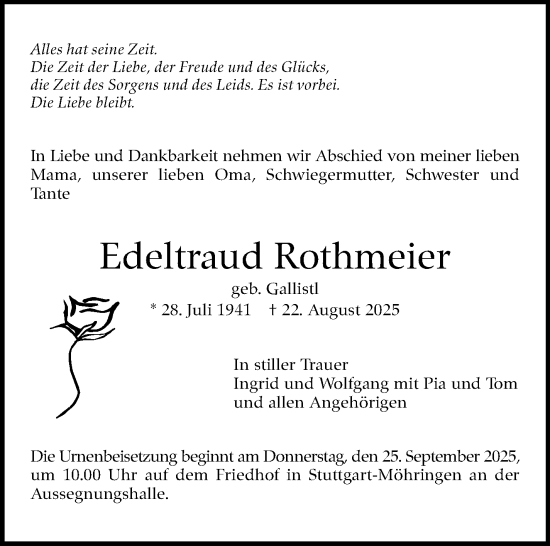 Traueranzeige von Edeltraud Rothmeier von Stuttgarter Zeitung / Stuttgarter Nachrichten
