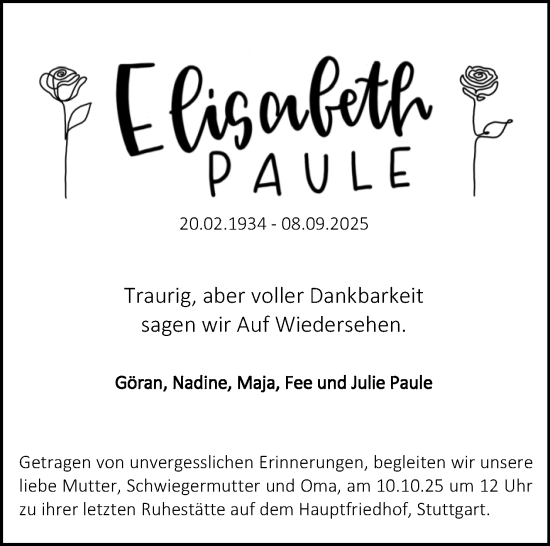Traueranzeige von Elisabeth Paule von Stuttgarter Zeitung / Stuttgarter Nachrichten