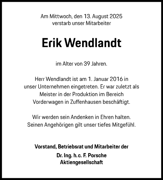 Traueranzeige von Erik Wendlandt von Stuttgarter Zeitung / Stuttgarter Nachrichten