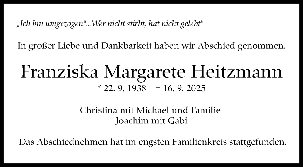  Traueranzeige für Franziska Margarete Heitzmann vom 22.09.2025 aus Stuttgarter Zeitung / Stuttgarter Nachrichten