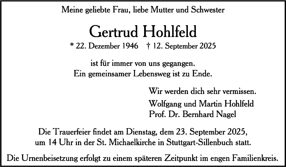  Traueranzeige für Gertrud Hohlfeld vom 20.09.2025 aus Stuttgarter Zeitung / Stuttgarter Nachrichten