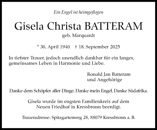 Traueranzeige von Gisela Christa Batteram von Stuttgarter Zeitung / Stuttgarter Nachrichten