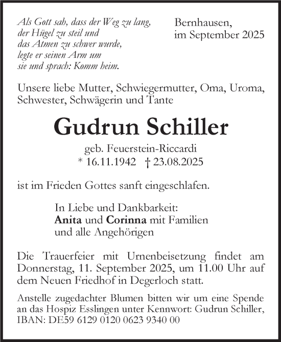 Traueranzeige von Gudrun Schiller von Stuttgarter Zeitung / Stuttgarter Nachrichten