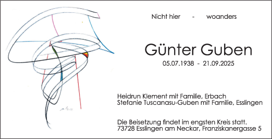 Traueranzeige von Günter Guben von Stuttgarter Zeitung / Stuttgarter Nachrichten