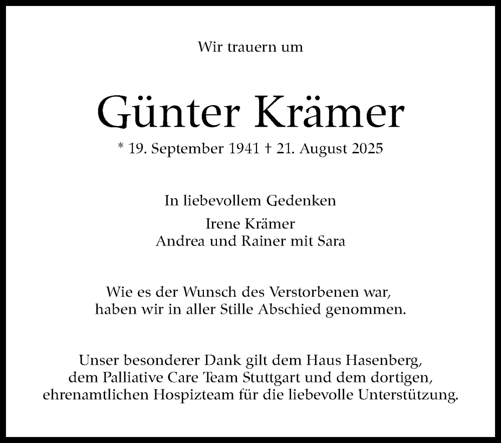  Traueranzeige für Günter Krämer vom 13.09.2025 aus Stuttgarter Zeitung / Stuttgarter Nachrichten