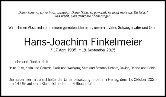 Traueranzeige von Hans-Joachim Finkelmeier von Stuttgarter Zeitung / Stuttgarter Nachrichten