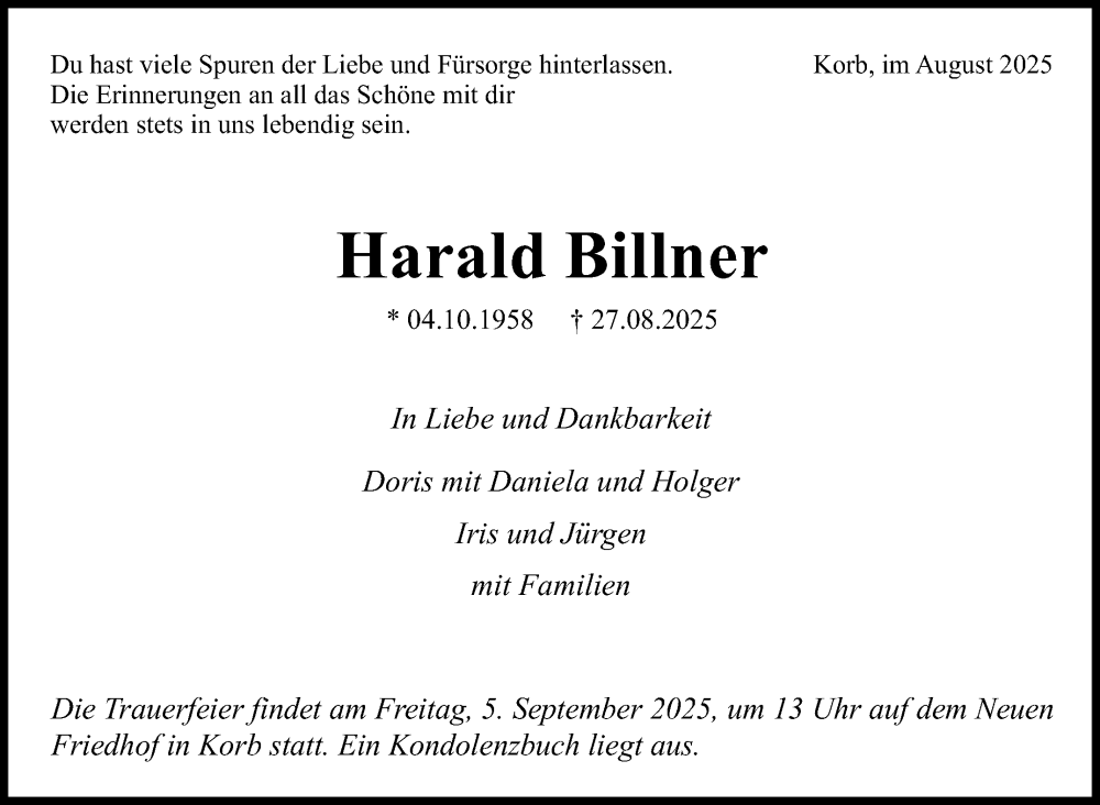  Traueranzeige für Harald Billner vom 01.09.2025 aus Stuttgarter Zeitung / Stuttgarter Nachrichten
