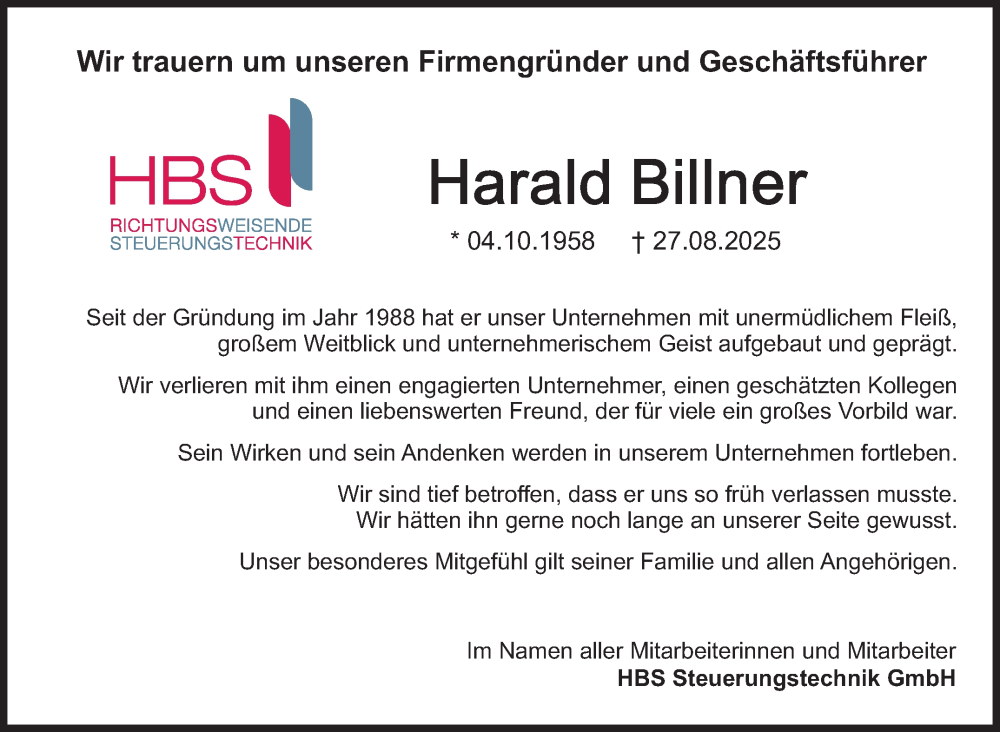  Traueranzeige für Harald Billner vom 01.09.2025 aus Stuttgarter Zeitung / Stuttgarter Nachrichten