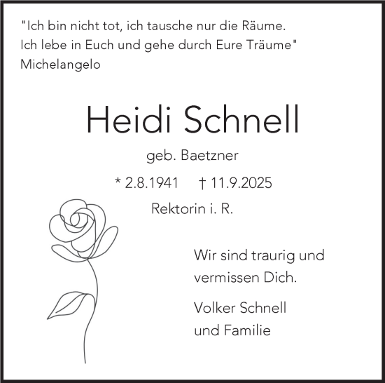 Traueranzeige von Heidi Schnell von Stuttgarter Zeitung / Stuttgarter Nachrichten