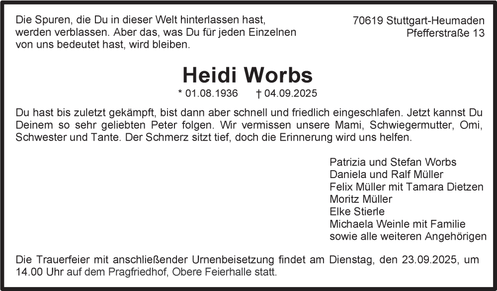  Traueranzeige für Heidi Worbs vom 13.09.2025 aus Stuttgarter Zeitung / Stuttgarter Nachrichten