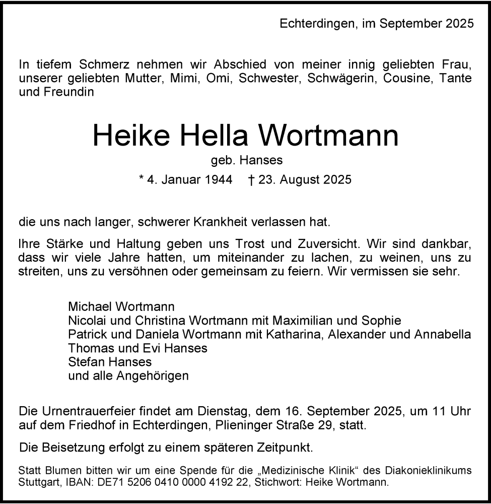  Traueranzeige für Heike Hella Wortmann vom 06.09.2025 aus Stuttgarter Zeitung / Stuttgarter Nachrichten