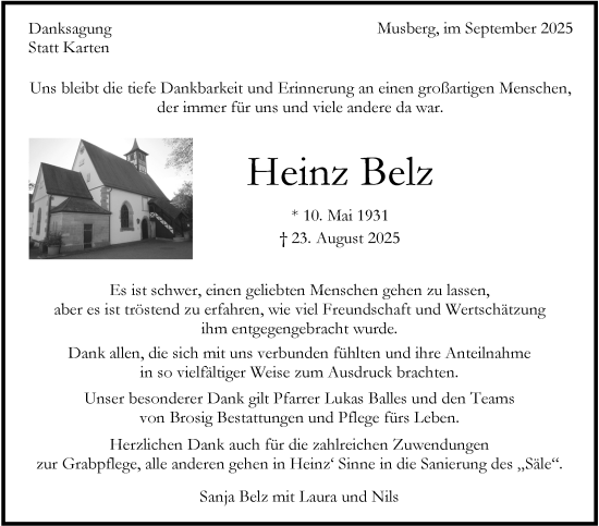 Traueranzeige von Heinz Belz von Stuttgarter Zeitung / Stuttgarter Nachrichten
