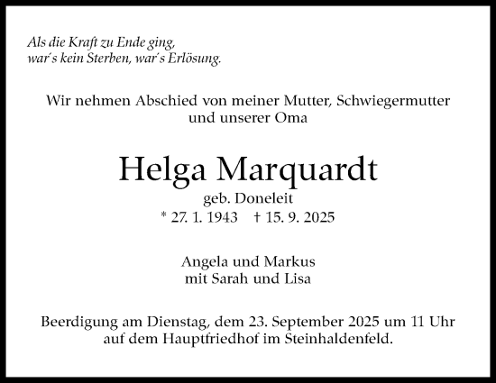 Traueranzeige von Helga Marquardt von Stuttgarter Zeitung / Stuttgarter Nachrichten