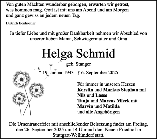 Traueranzeige von Helga Schmid von Stuttgarter Zeitung / Stuttgarter Nachrichten