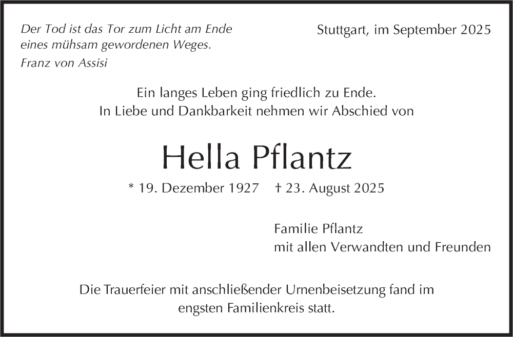  Traueranzeige für Hella Pflantz vom 20.09.2025 aus Stuttgarter Zeitung / Stuttgarter Nachrichten