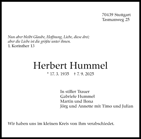 Traueranzeige von Herbert Hummel von Stuttgarter Zeitung / Stuttgarter Nachrichten