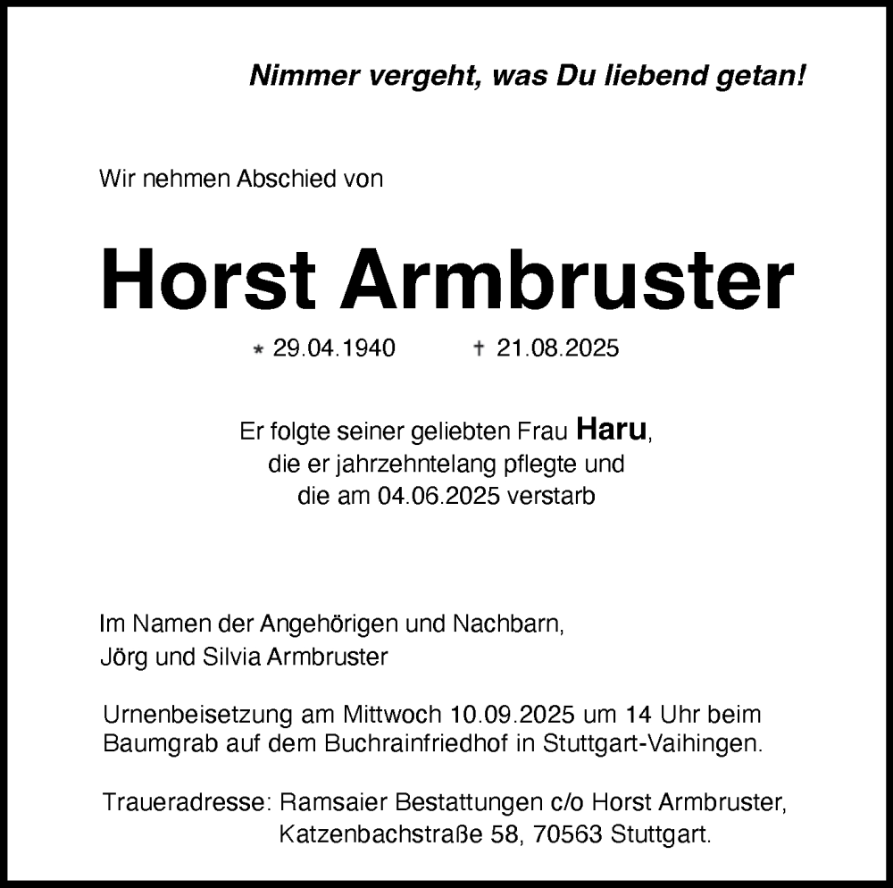  Traueranzeige für Horst Armbruster vom 06.09.2025 aus Stuttgarter Zeitung / Stuttgarter Nachrichten