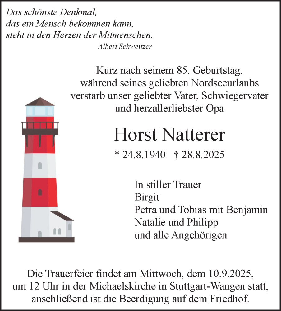  Traueranzeige für Horst Natterer vom 06.09.2025 aus Stuttgarter Zeitung / Stuttgarter Nachrichten
