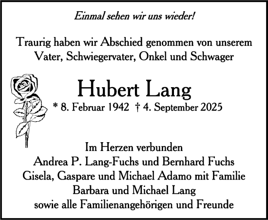 Traueranzeige von Hubert Lang von Stuttgarter Zeitung / Stuttgarter Nachrichten