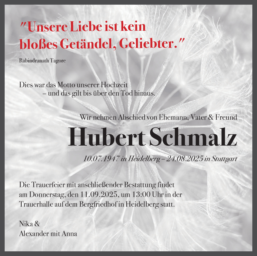  Traueranzeige für Hubert Schmalz vom 06.09.2025 aus Stuttgarter Zeitung / Stuttgarter Nachrichten