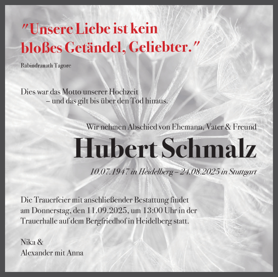 Traueranzeige von Hubert Schmalz von Stuttgarter Zeitung / Stuttgarter Nachrichten