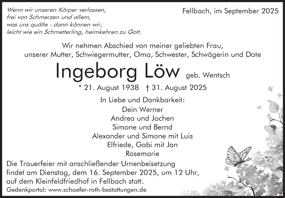  Traueranzeige für Ingeborg Löw vom 12.09.2025 aus Stuttgarter Zeitung / Stuttgarter Nachrichten