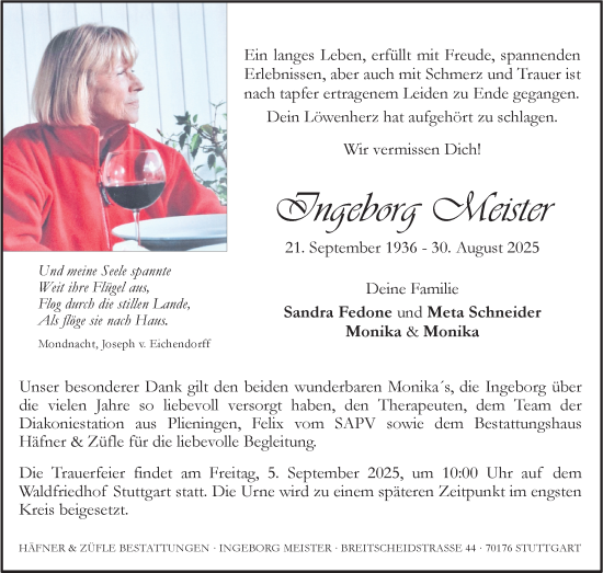 Traueranzeige von Ingeborg Meister von Stuttgarter Zeitung / Stuttgarter Nachrichten