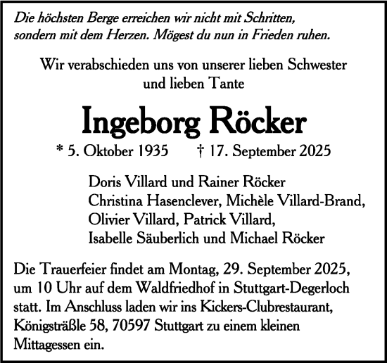 Traueranzeige von Ingeborg Röcker von Stuttgarter Zeitung / Stuttgarter Nachrichten